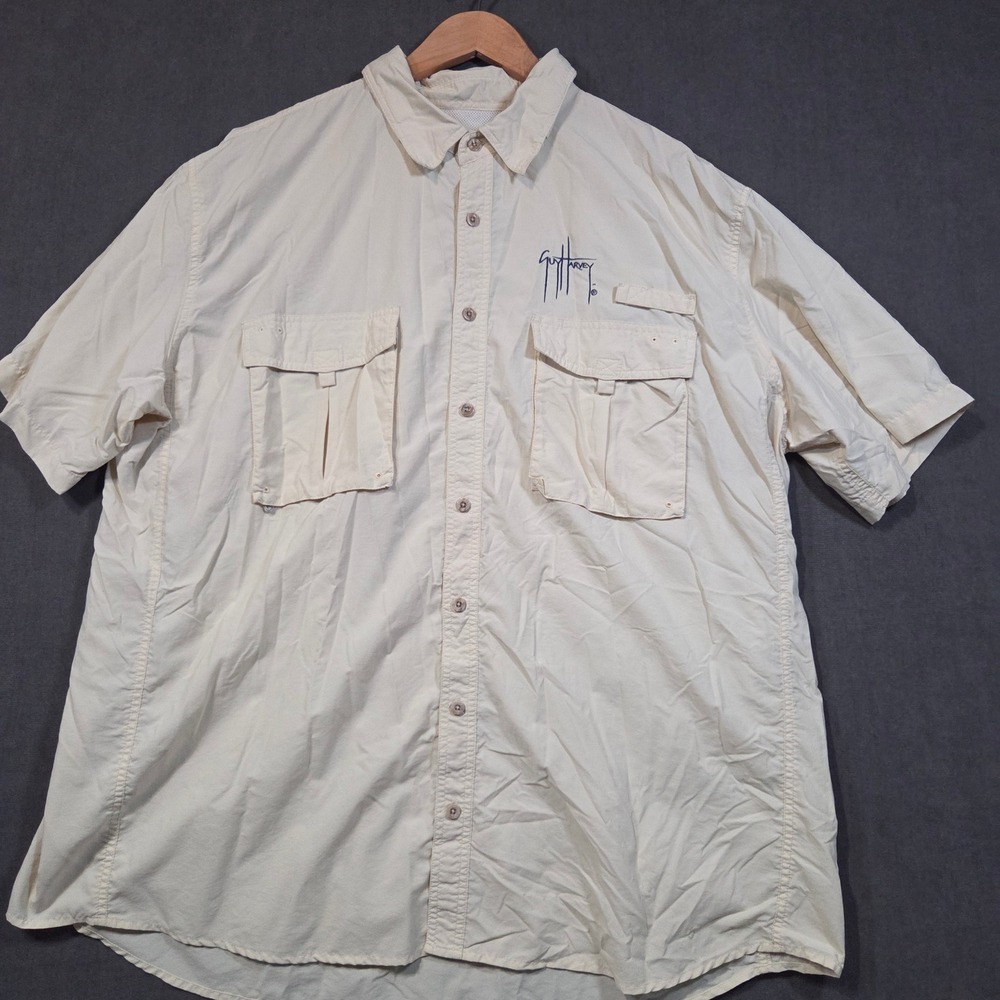 Guy Harvey Fishing Shirt Mens XXL Cream Marlin Embroidered Ventilated AFTCO